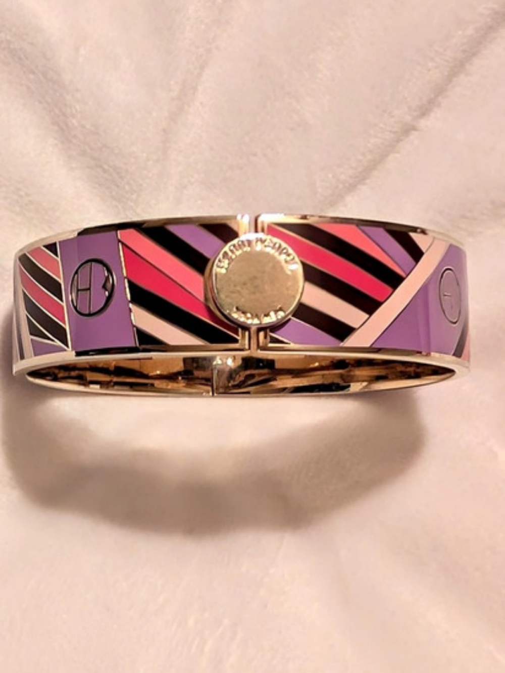 Henri Bendel Enamel Hinged Bangle Bracelet Purple Pink Black Gold Tone VGC